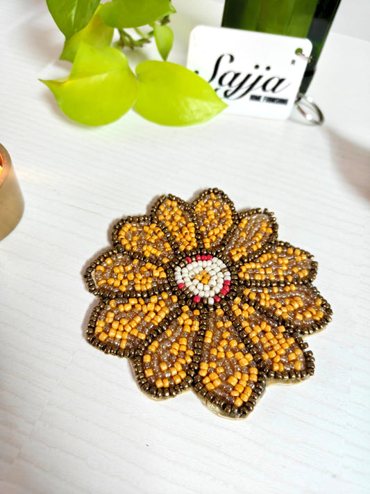 Floral Glass Beaded Sunflower Yellow Handmade Round Beads Coaster Doily