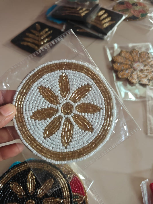 Sajja Golden White Floral Handmade Round Beads Coaster Doily