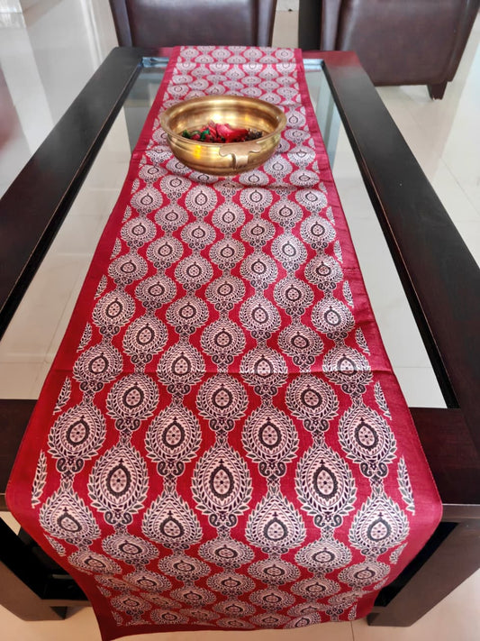 Ajrak Maroon Dupioni Silk Table Runner (L-72in, W-12in)