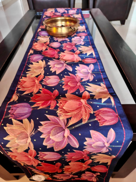 Lotus Buddha Inspired Silk Dining Table | Coffee Table Runner L-72 in, W-12 in |Diwali Runner