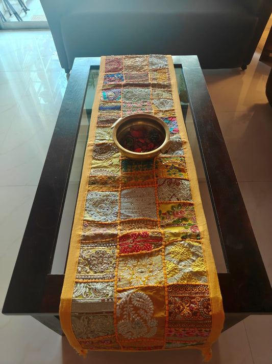 Elegant Ethnic Rectangular Festive Yellow Cotton Table Runner (14 x 60 inches)