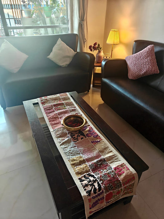 Hand Embroidered Ethnic Khambhadiya Patchwork Multicolor Cotton Table Runner Off White