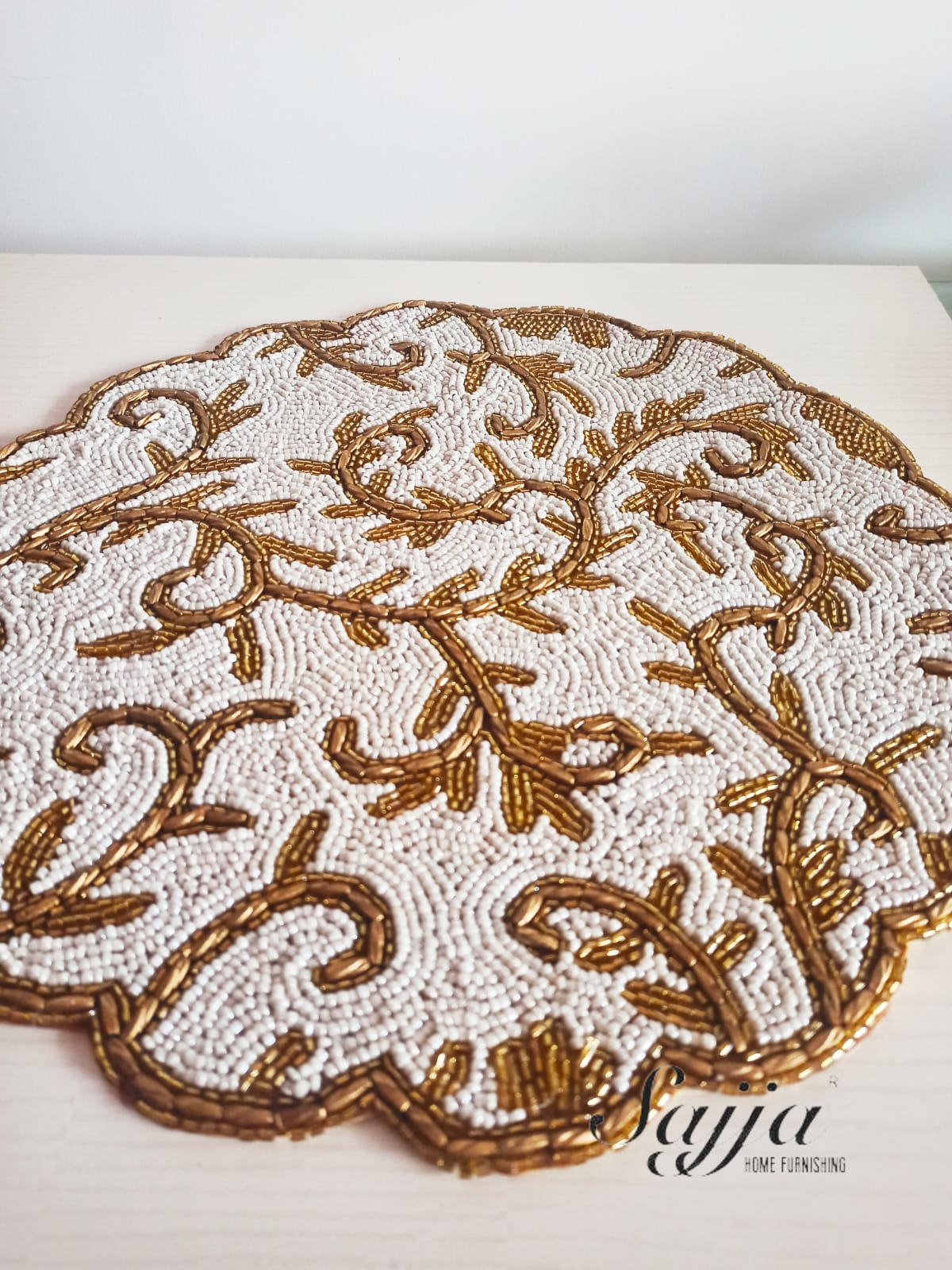 Classic Designer White Golden Beaded Table Placemat