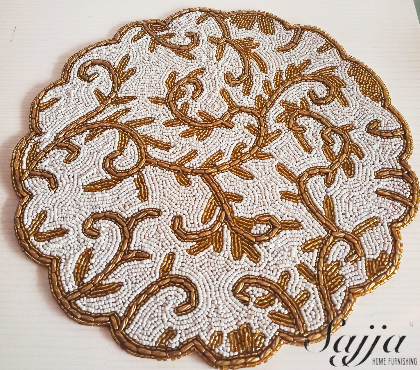 Classic Designer White Golden Beaded Table Placemat