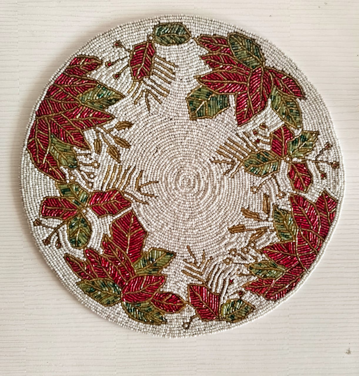 Stylish Beads Round Table Mat - Red Green White Festive Decor Mat