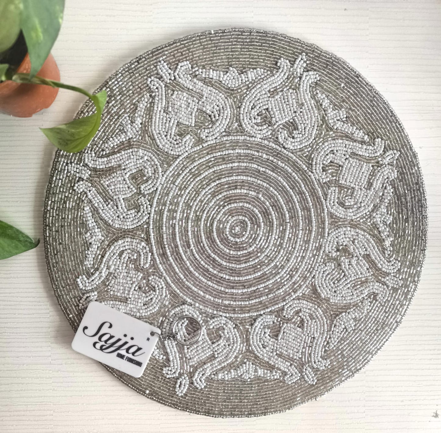 Unique Stylish Silver Beads Sequins White RoundTable Placemat Runner