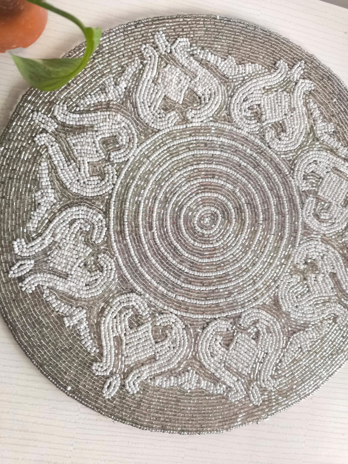 Unique Stylish Silver Beads Sequins White RoundTable Placemat Runner