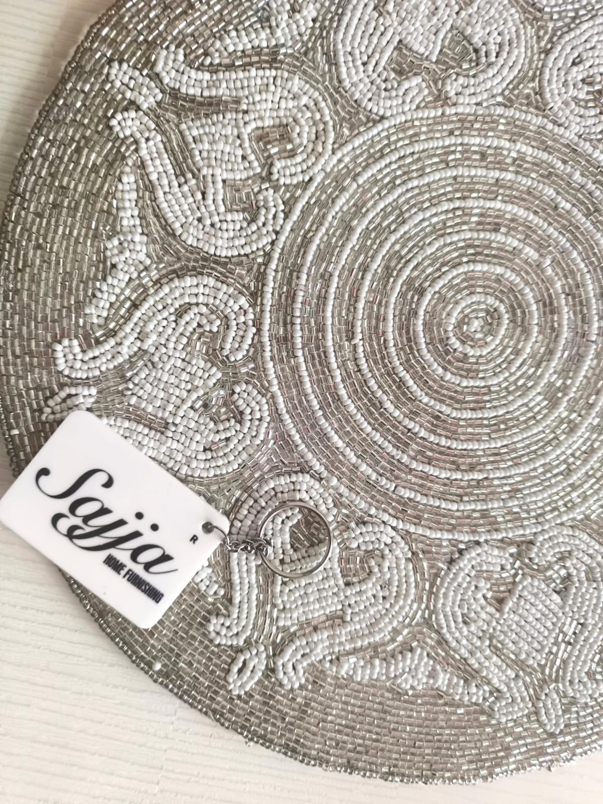 Unique Stylish Silver Beads Sequins White RoundTable Placemat Runner