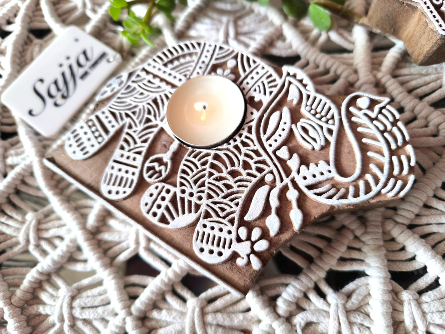 Rajwada Elephant Handcarved Pure Wood Diya Tealight Candle Holder | Handcrafted Diya | 1 piece | Indian Festival Diya