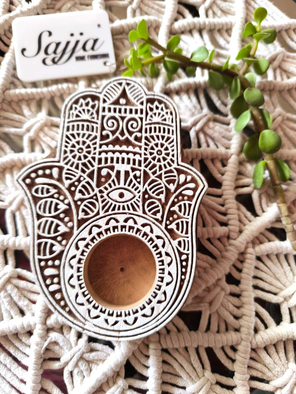 Wooden Tea Light Holder Hamsa Hand | Handcrafted Diya | 1 piece