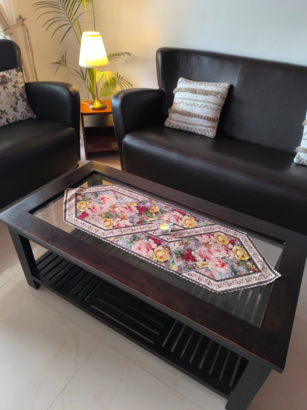 Designer Multicolour Floral Velvet Table Runner (L-40in, W-14in)