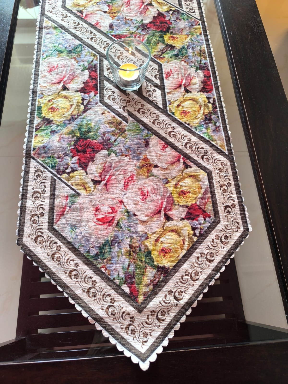 Designer Multicolour Floral Velvet Table Runner (L-40in, W-14in)