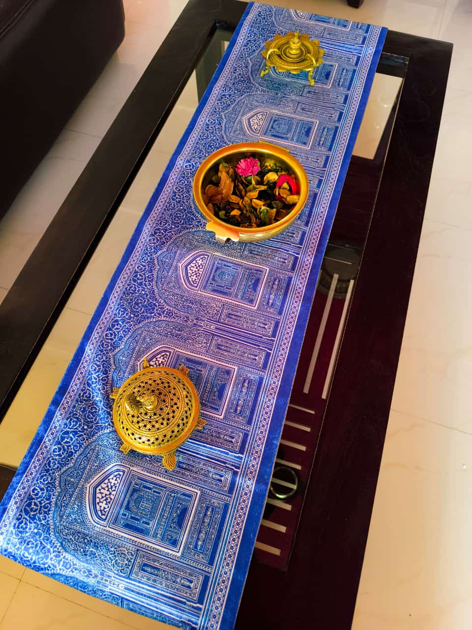 Contemporary meets vintage Jharoka Royal Blue Velvet Table runner 12 x 72 inches