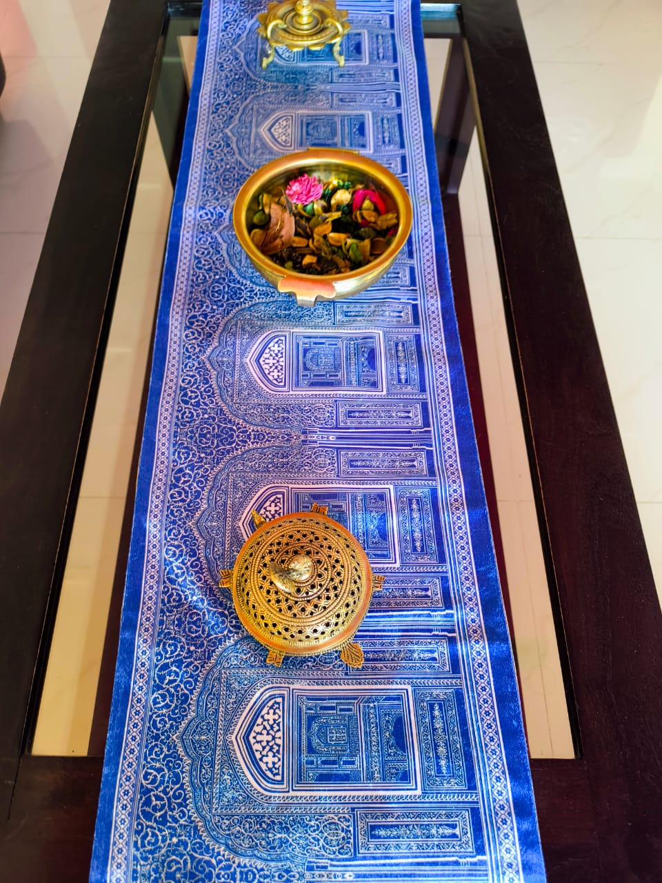 Contemporary meets vintage Jharoka Royal Blue Velvet Table runner 12 x 72 inches