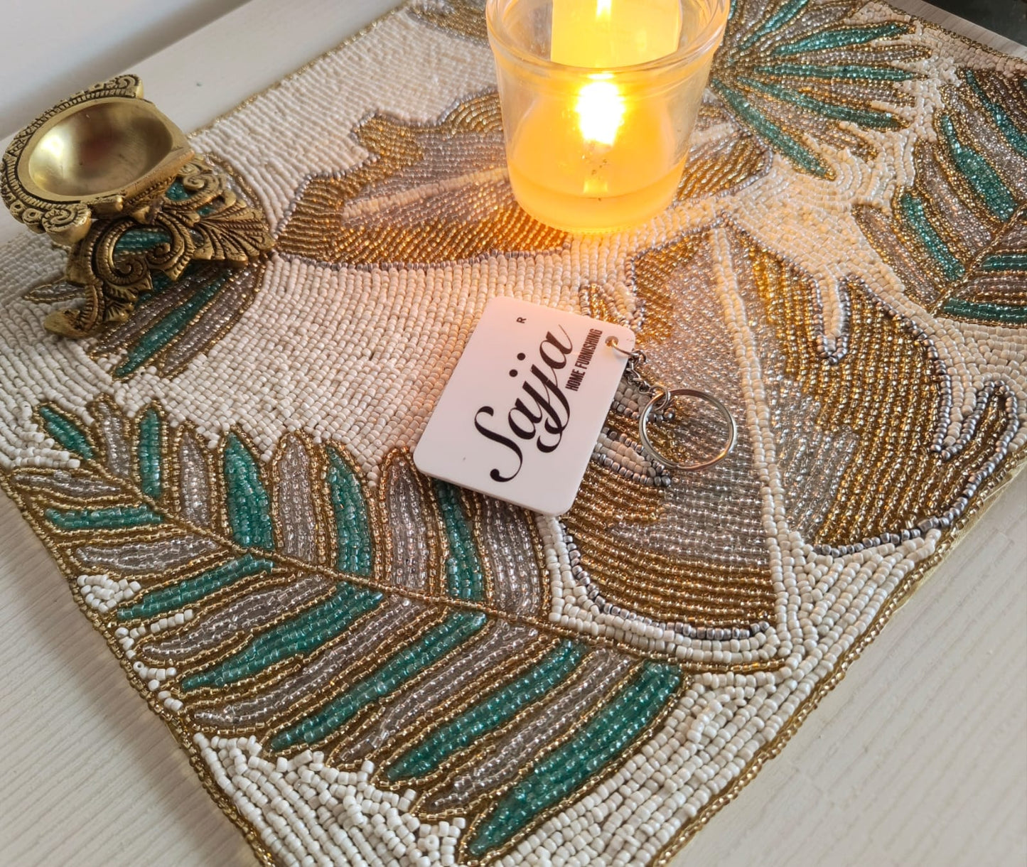 Elegant Leaves Beaded Pearls Table Placemat