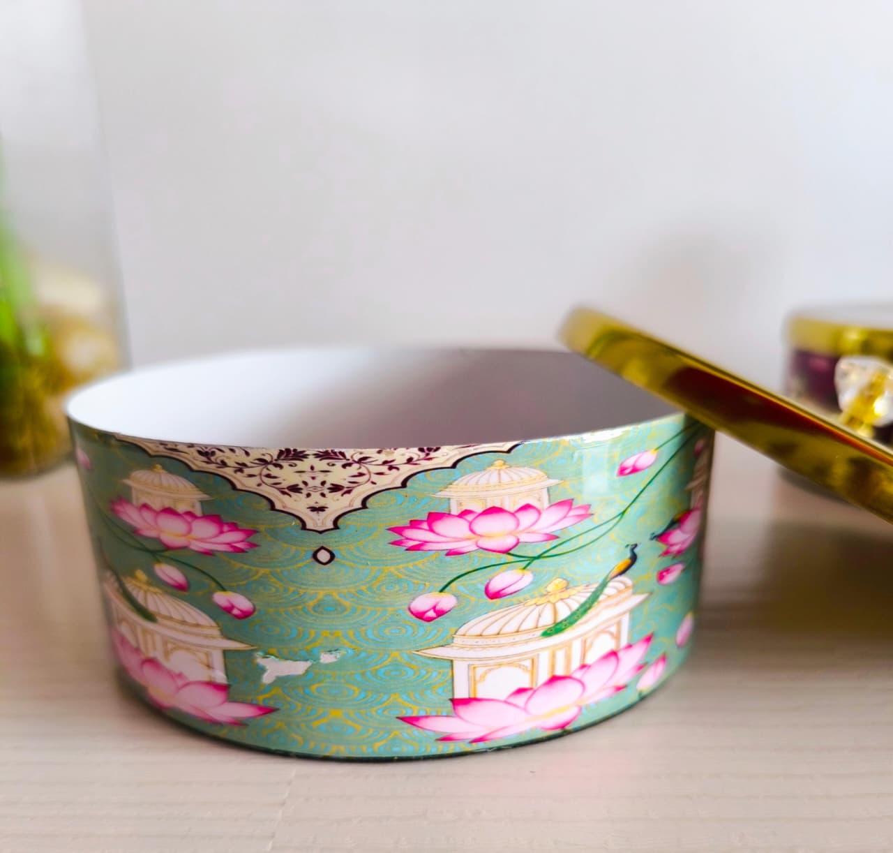 Decorative Green Teal Round Pichwai Jar With Gold plated Lid (5 x 2 " inches) | Storage Metal container | Dry Fruit Jar