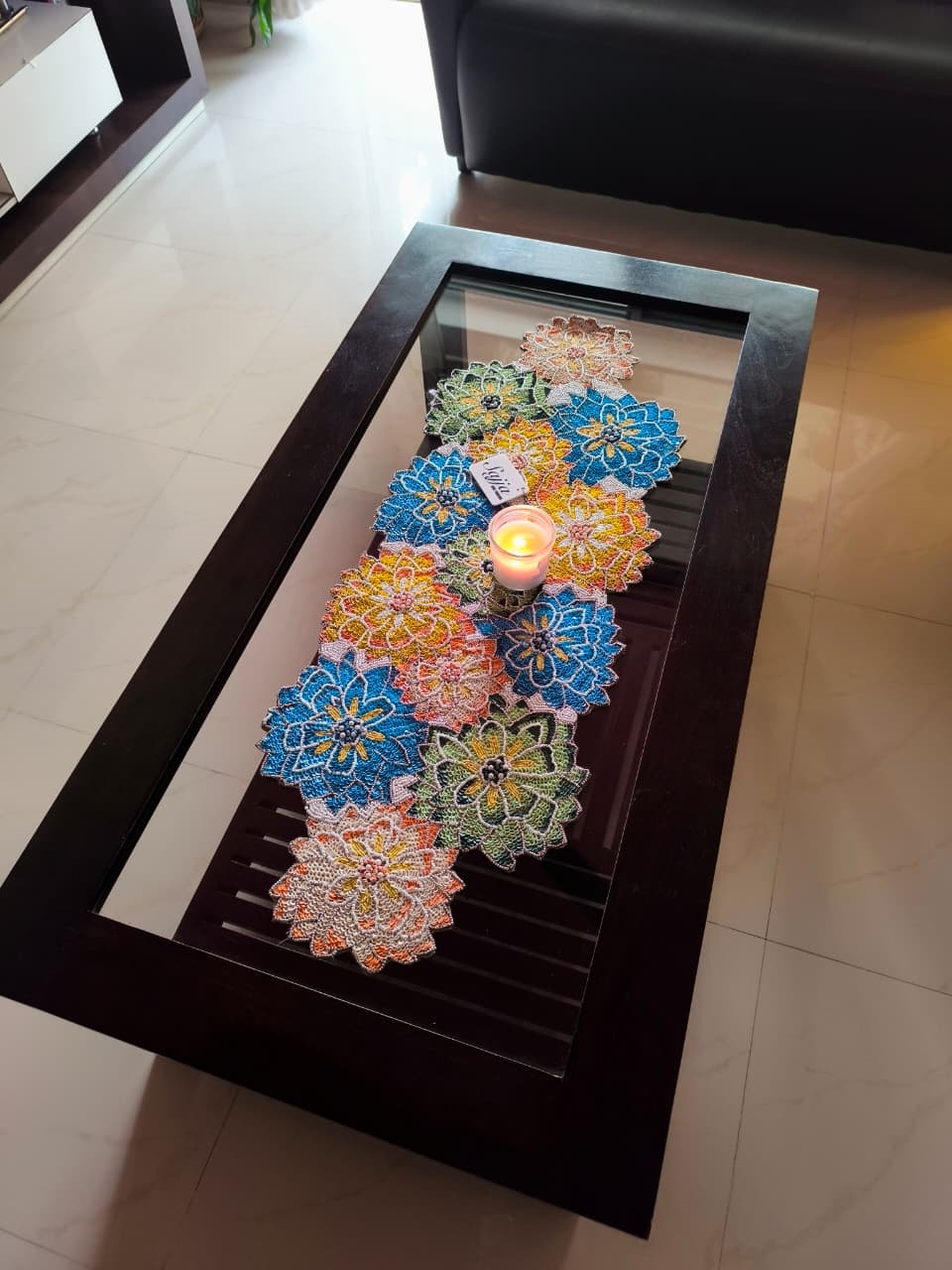 Multicolour Floral Beaded Table Runner With Yellow Base