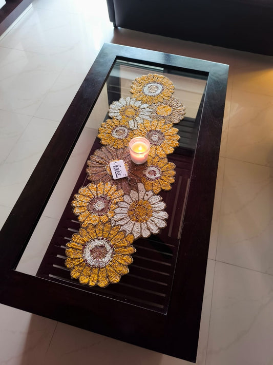 Sunflower Chrome Yellow Floral Handwork Beaded Table Runner Decor For Dining Table Centre table Console Coffee Table