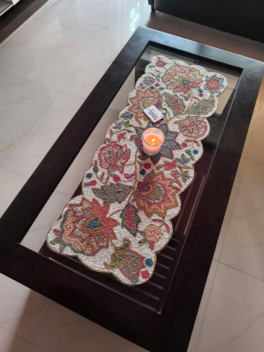 French Bouquet Embroidered floral hued Beaded Table Runner