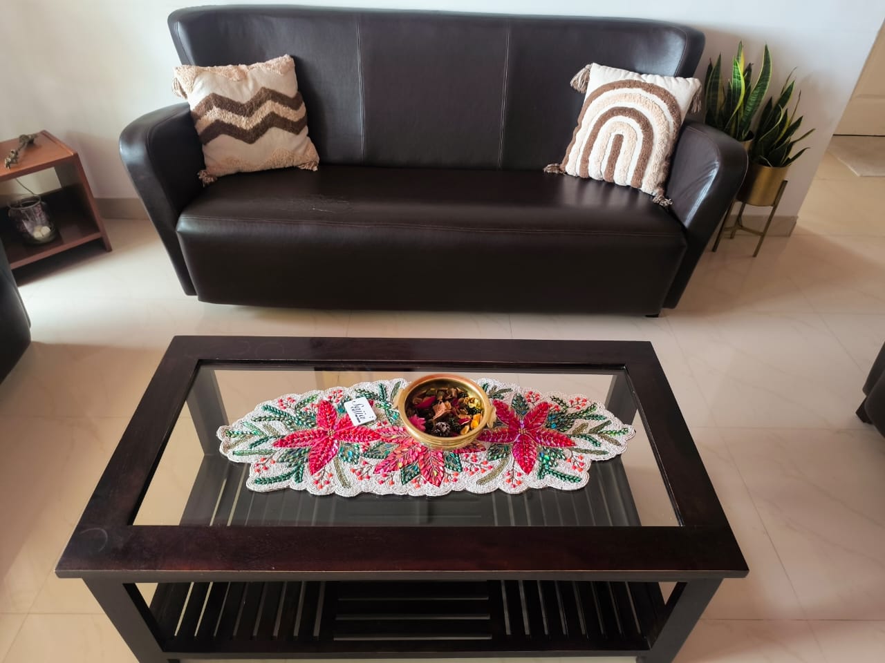 Rich Red Green Poinsettia Floral Handwoven Beads Table Runner