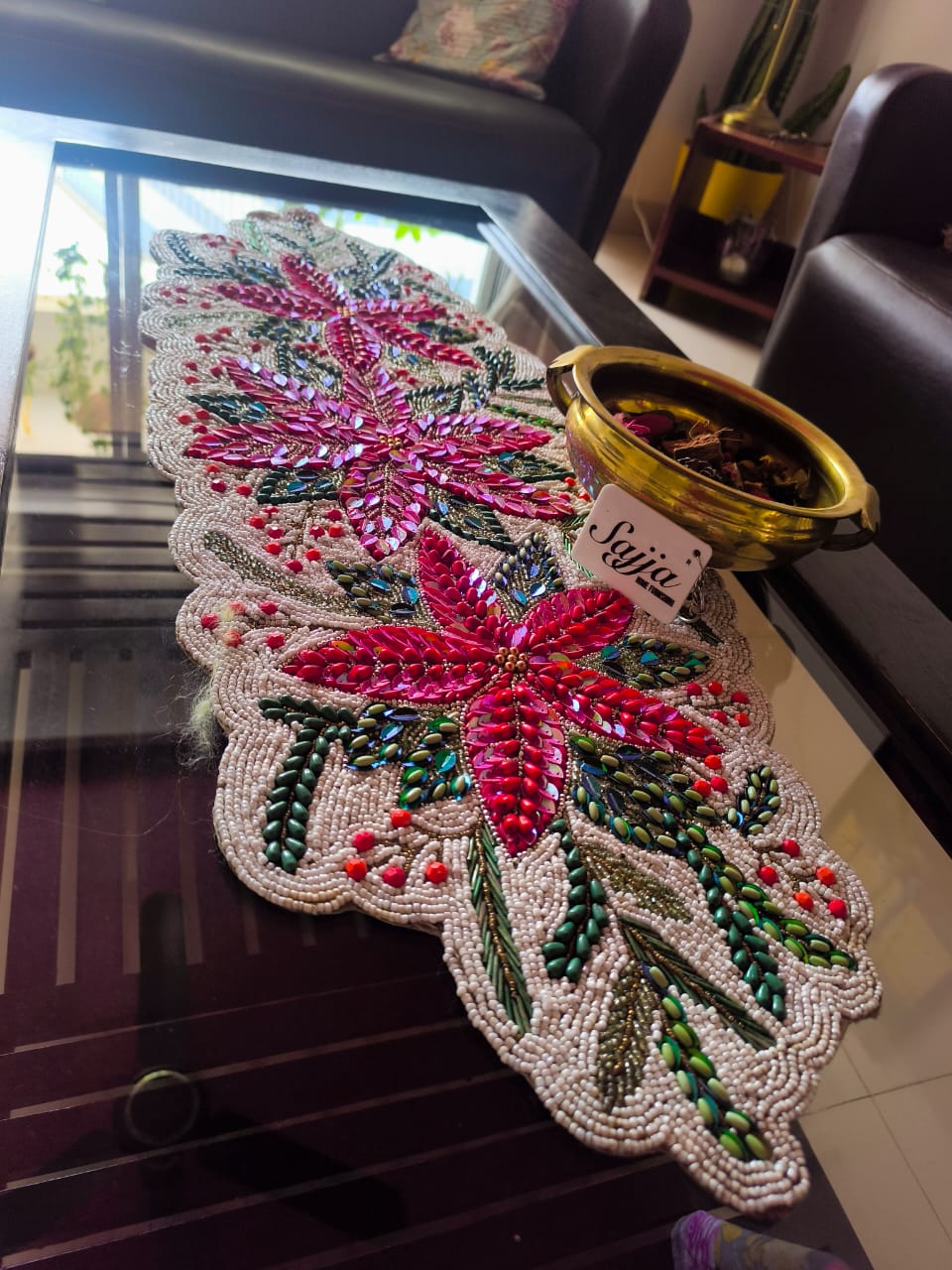 Rich Red Green Poinsettia Floral Handwoven Beads Table Runner