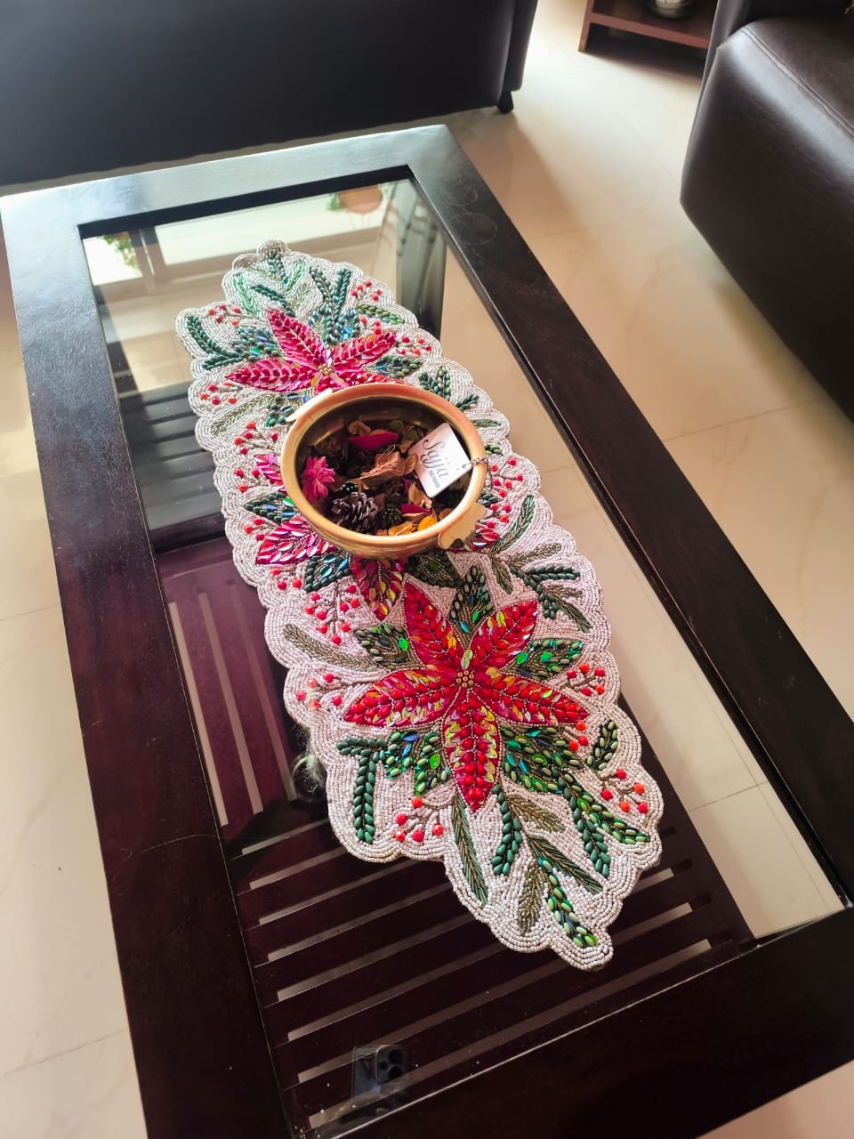 Rich Red Green Poinsettia Floral Handwoven Beads Table Runner