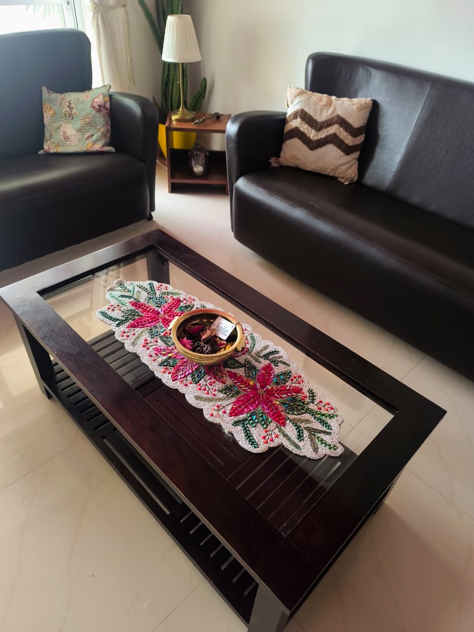 Rich Red Green Poinsettia Floral Handwoven Beads Table Runner