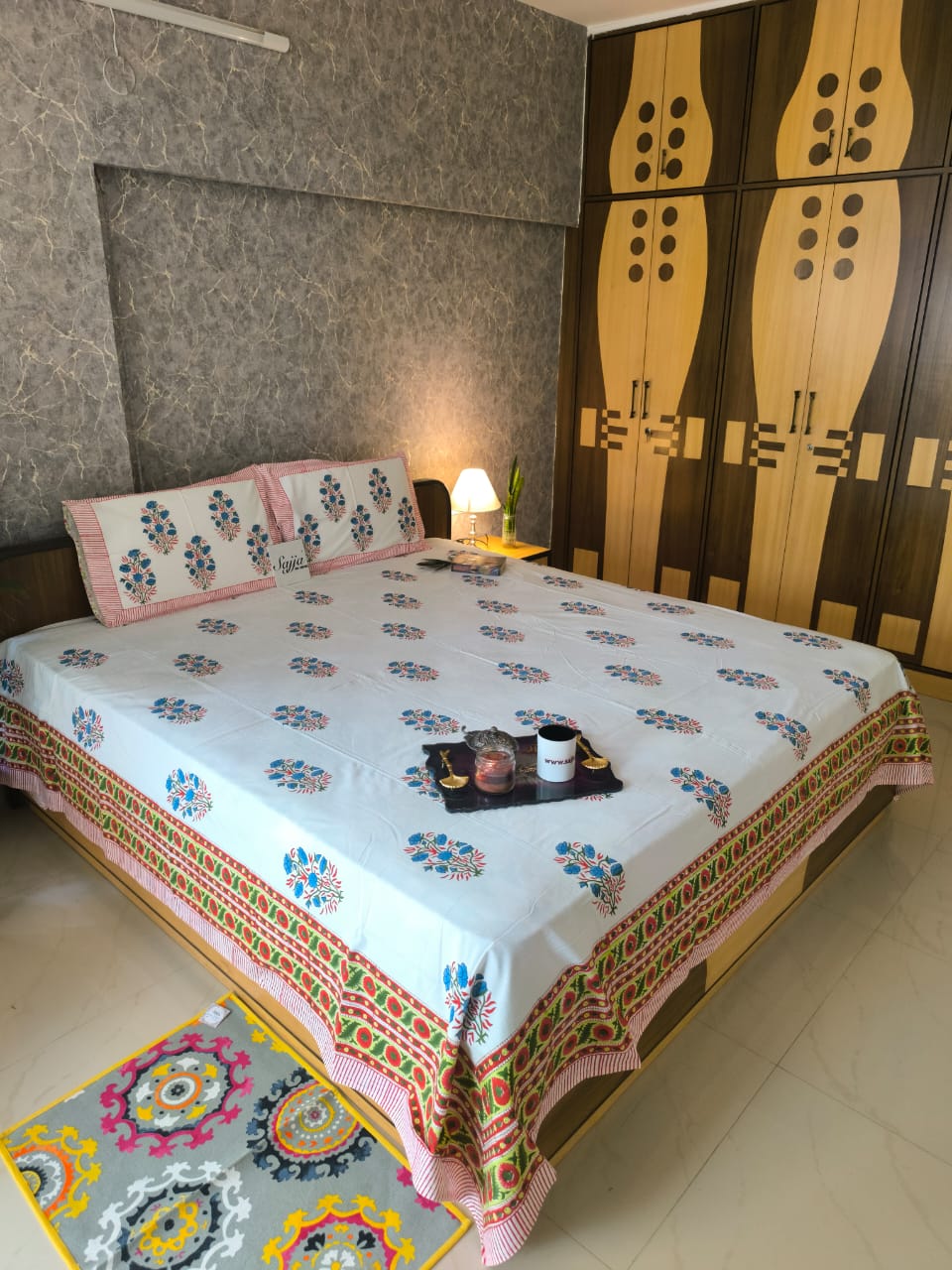 Buy Cotton Handblock Blue Grey King Double Bedsheet 9 feet x 9 feet Multicolour