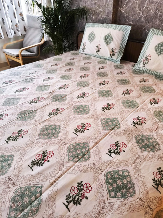 Vintage Hand block Green Pooklam Floral Cotton Double Bedsheet King 9 feet x 9 feet