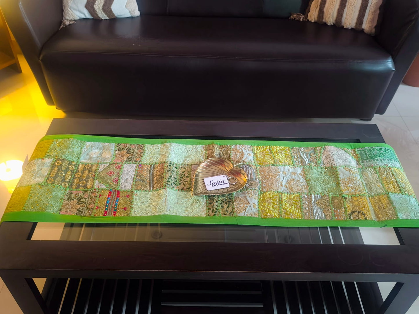 Buy Vintage Green Ethnic Embroidered Cotton Table Runner (14 x 60 inches)