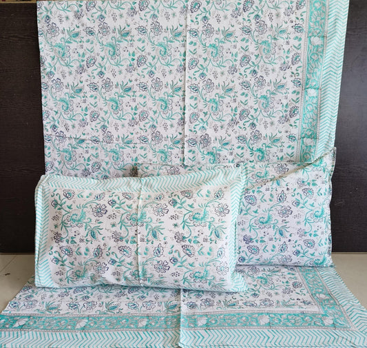 Cotton Jaipuri Hand Block  Queen Size Bedsheet  90 x108 inches | Sea Blue Floral Design