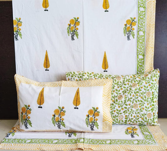 Hand block Floral Motif Yellow Green Kinar Phool Cotton Double Bedsheet Queen | Smaller King