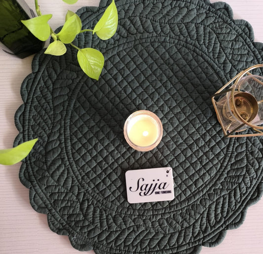 Dark Green Floral Spirally Round Cotton Placemat Table Fabric Table Mat - 1piece
