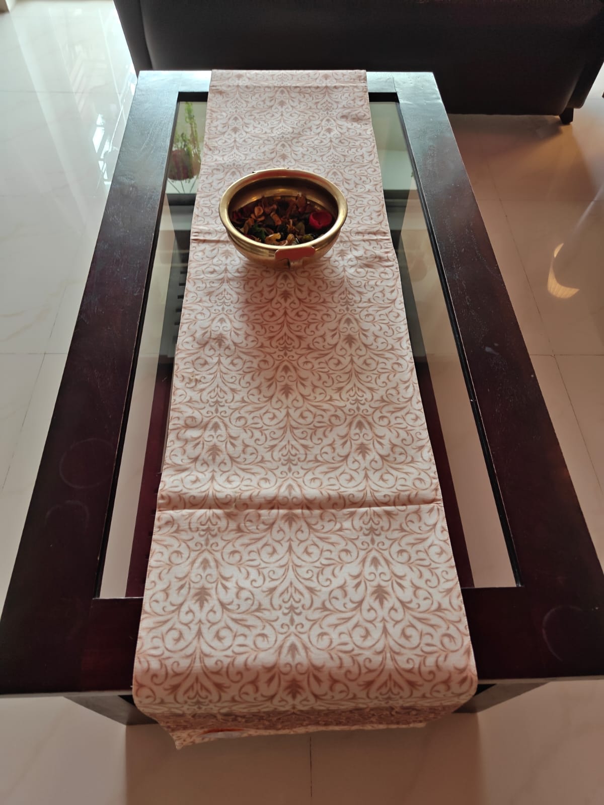 Buy Sajja French Ornate Carving Print in Beige Golden Silk Table runner