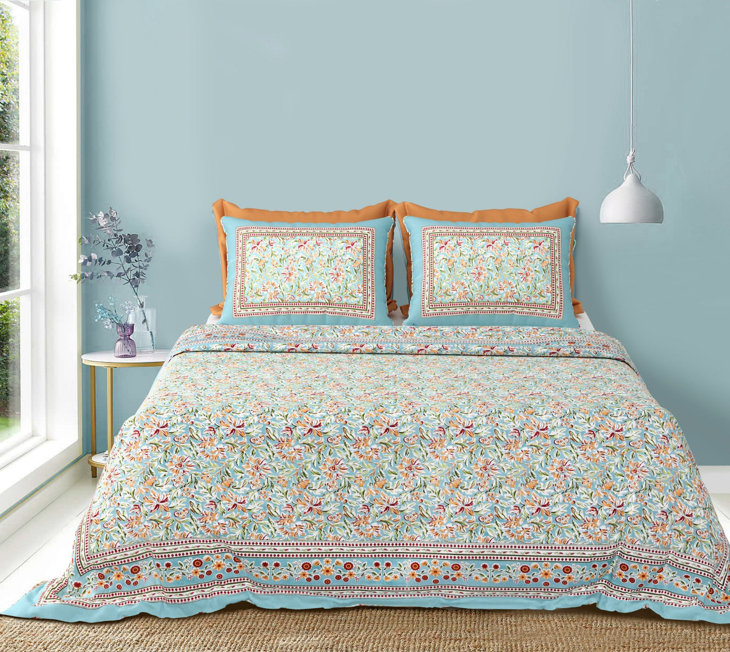 Floral Cornflower Sage Blue South Cotton Queen Smaller King Double Bedsheet