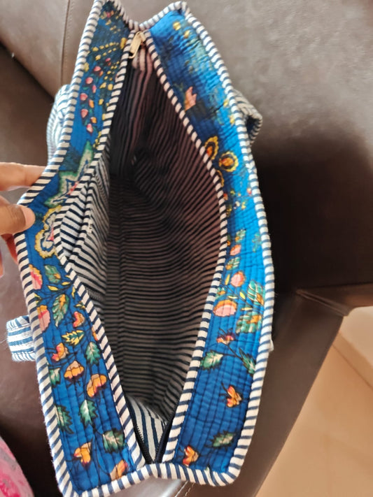 Blue Floral Hand block Printed Quilted Tote Bag with concealed zip 15x 18x 5 inches