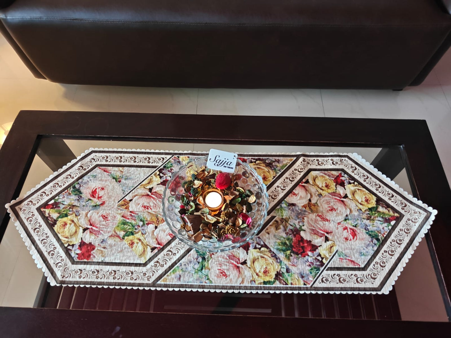 Designer Multicolour Floral Velvet Table Runner (L-40in, W-14in)