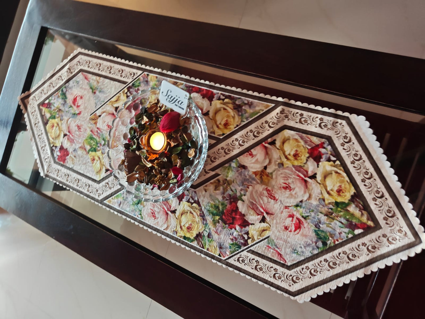 Designer Multicolour Floral Velvet Table Runner (L-40in, W-14in)