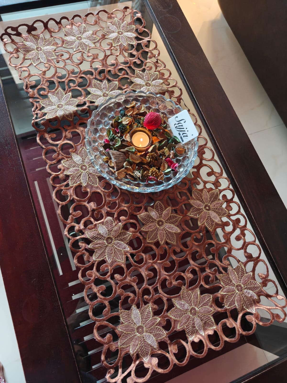 Elegant Cutwork Brown Gold Embroidered Organza Table Runner (L- 34in, W-15in)
