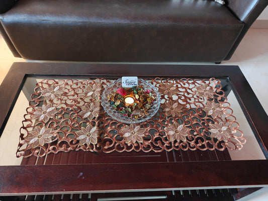 Elegant Cutwork Brown Gold Embroidered Organza Table Runner (L- 34in, W-15in)
