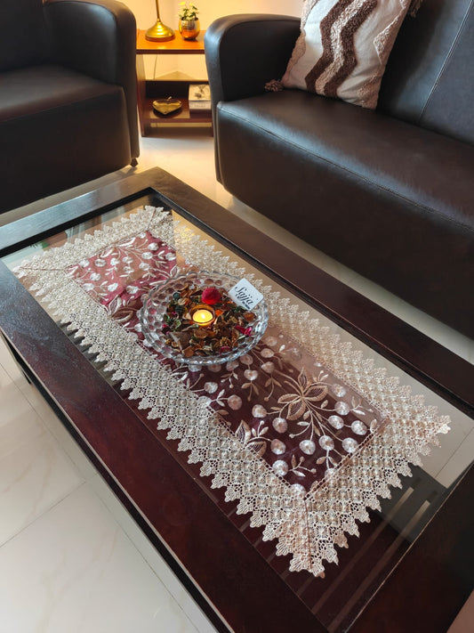 Beautiful Lace work Translucent Organza Embroidered Teapoy Table Runner