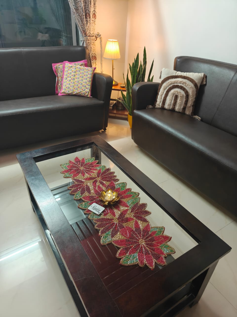 Rich Red Green Poinsettia Floral Handwoven Beads Table Runner