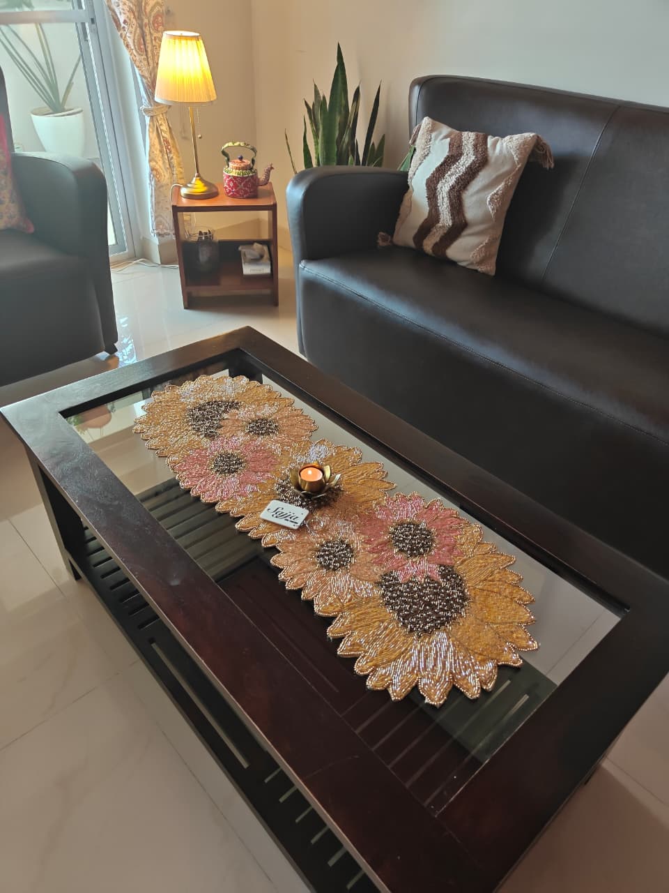 Scintillating Sunflower Handwoven Beads Table Runner