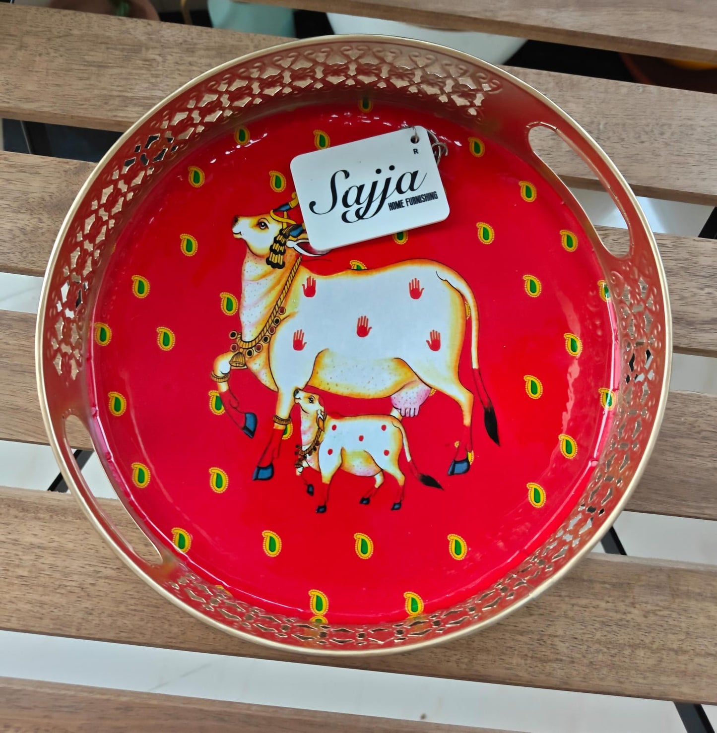 Big Round Red Pichwai Gold Kamdhenu Cow Decorative Tray (10 x 10 inches)