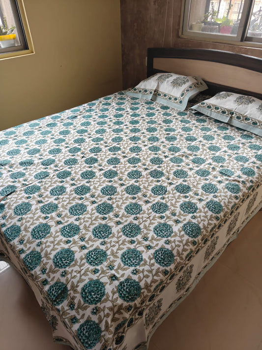 Heritage Vintage Teal Blue Hand block Cotton Mandala Double Bedsheet Queen | Smaller King