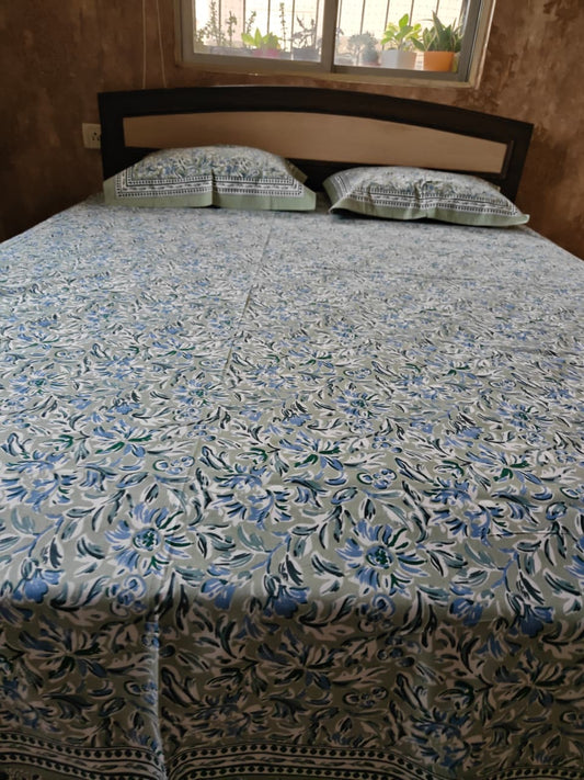 Heritage Vintage Blue Sage Green Hand block Cotton Double Bedsheet Queen | Smaller King