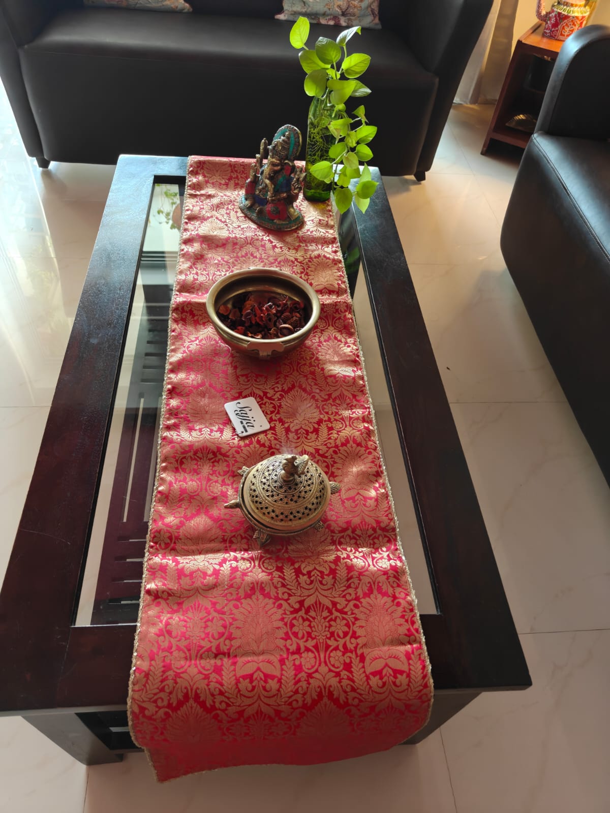 Real Banarasi Brocade Raw Dupion Silk Red Bandhej Table Runner | Luxury Table Décor by Sajja