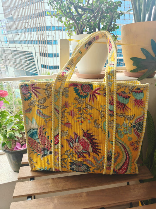 Yellow Floral Hand block Printed Quilted Tote Bag with concealed zip 15x 18x 5 inches