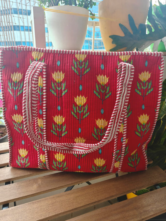 Bright Red Yellow Floral Hand block Printed Quilted Tote Bag (Large With Zipper)
