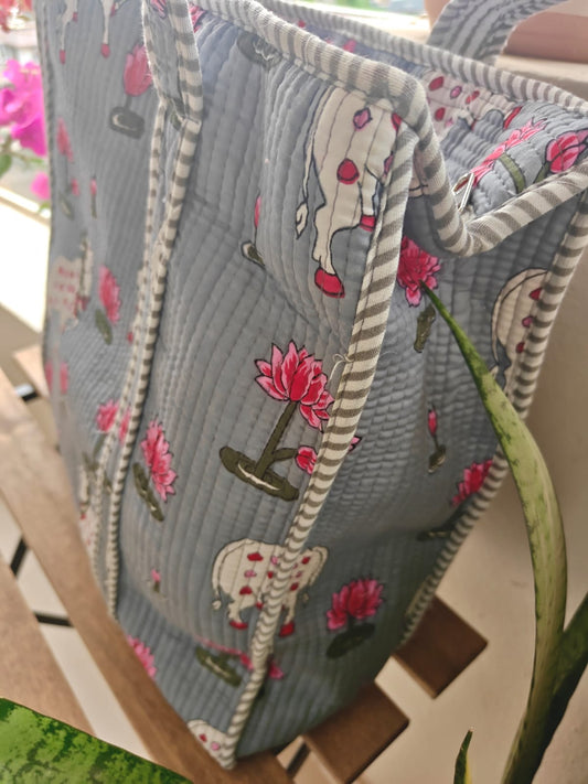 Pichwai Block print tote bag - Boho quilted women's bags - Women's handbag - Grey Hand block Printed Quilted cotton Shoulder Bag